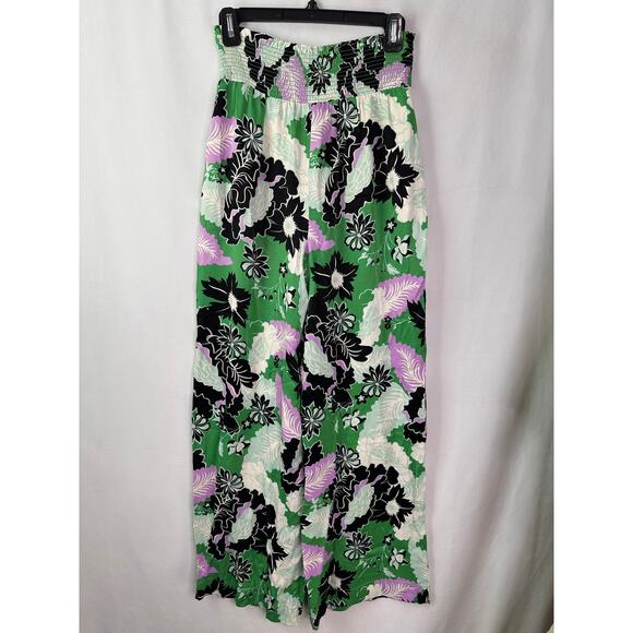 Maeve Anthropologie Saria Smocked Wide Leg Pants Floral White Green Beachy XS T - Picture 5 of 8